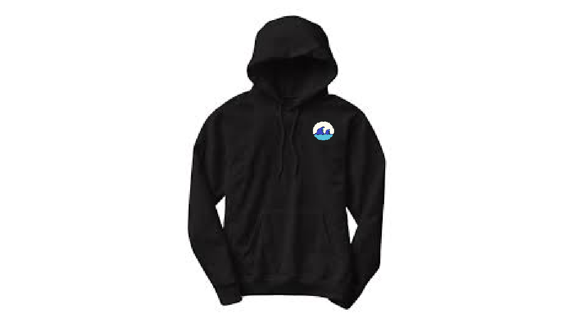 Black hoodie with company logo