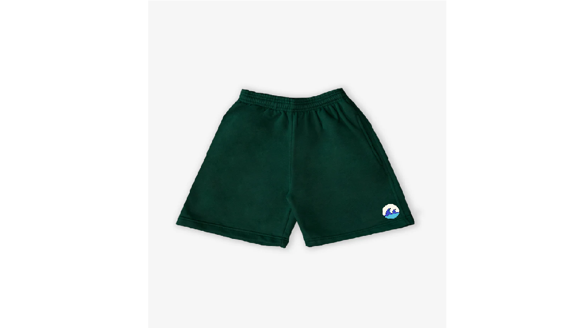 Green shorts with company logo