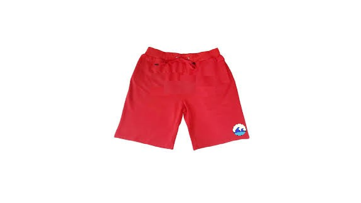 Red shorts with company logo